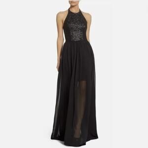 Dress the Population Farah Black Sequin Halter Fit & Flare Gown, Size Med